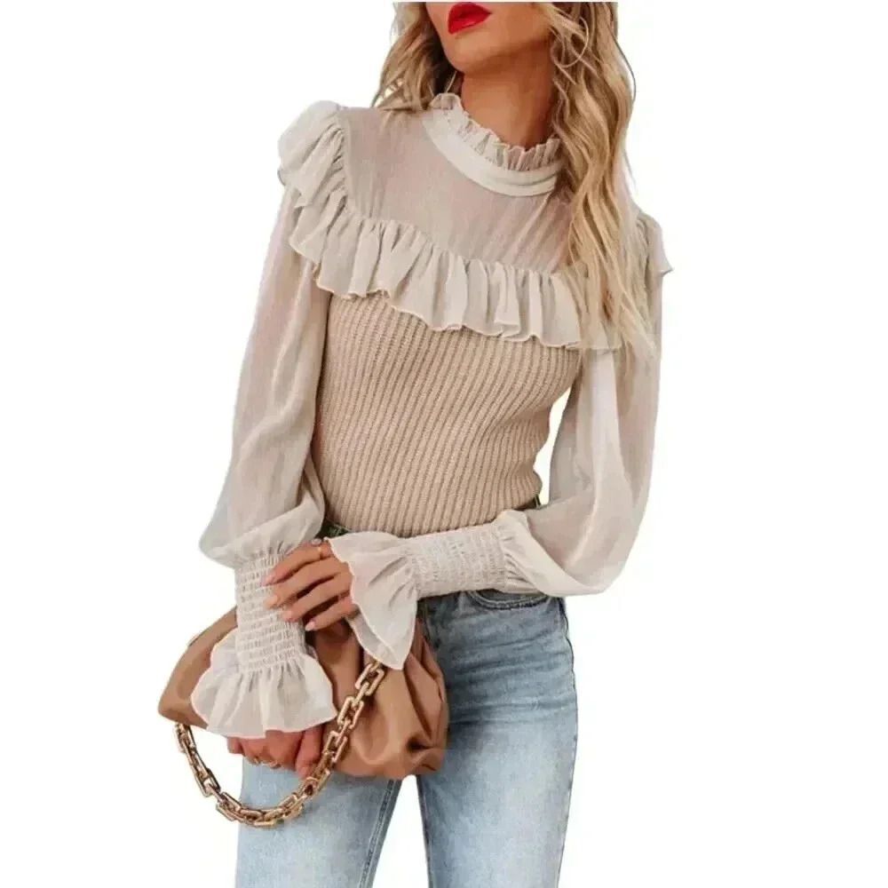 Downeast Women's Beige Acrylic/Poly/Nylon Sunny Day Chic Ruffle Trim Knit Top